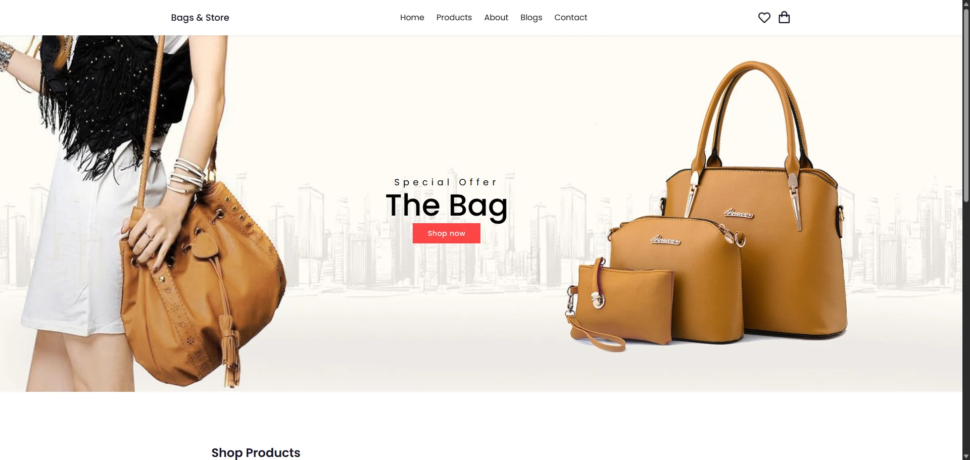 Online bag store (E-commerce): Front-End sales page with product catalog