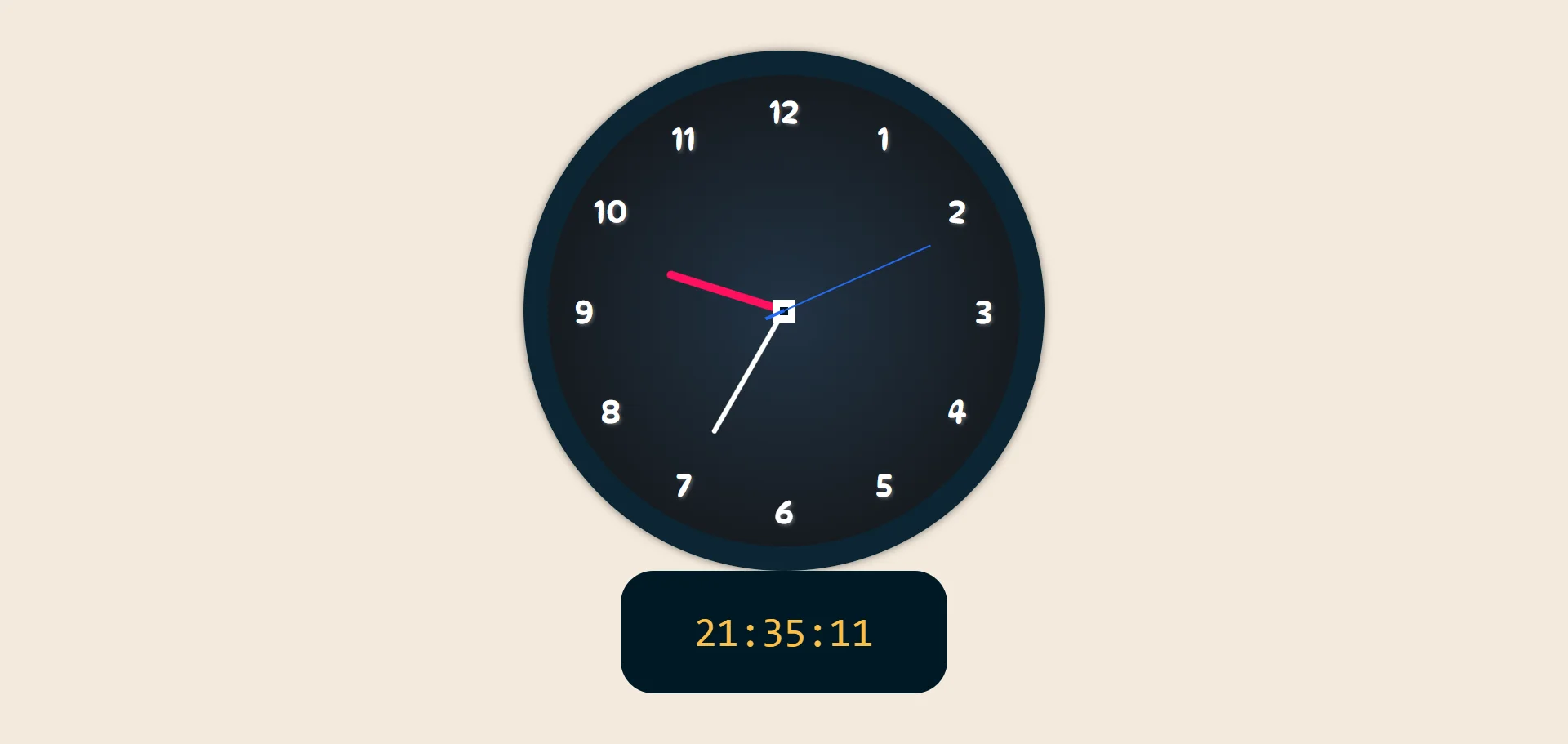 Digital and analog clock with JavaScript: Example of Front-End functionality